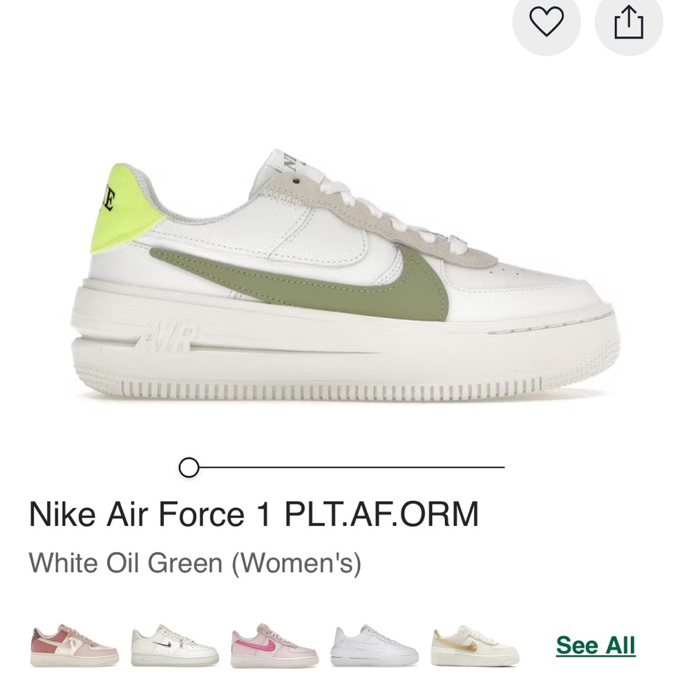 Nike Women's Air Force 1 PLT.AF.ORM White and Olive Sneakers